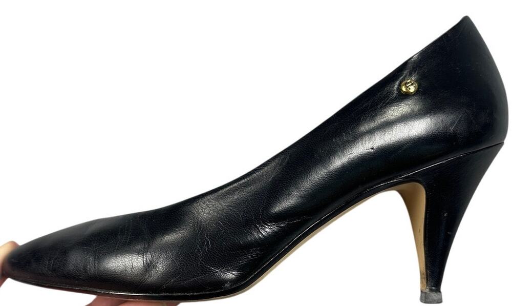 Etienne Aigner Black Leather Pointed Toe Gold Logo Heels Pumps Classic